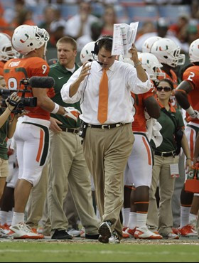 Miami head coach Al Golden reacts to a penalty call during the first half. (AP Photo/J Pat Carter)