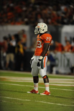 University of Miami Hurricanes running back Eduardo Clements #23 plays in a game against the Florida State Seminoles at Sun Life Stadium on October 9,...