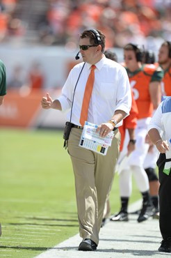 University of Miami Hurricanes head coach Al Golden on the sidelines in a game against the Cincinnati Bearcats at Sun Life Stadium on October 11,...