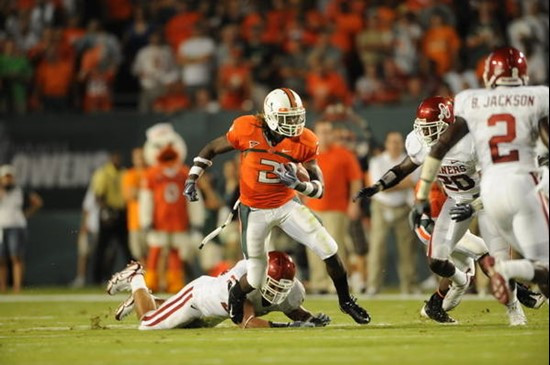 University of Miami Hurricanes running back Graig Cooper #2 plays in a game against the Oklahoma Sooners at Land Shark Stadium on October 3, 2009. ...