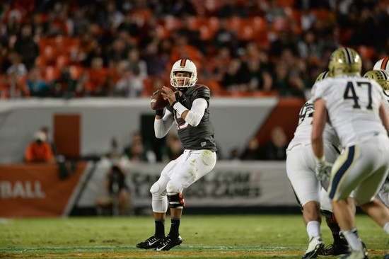 University of Miami Hurricanes quarterback Brad Kaaya #15 plays in a game against The Pittsburgh Panthers at Sun Life Stadium on November 29, 2014. ...