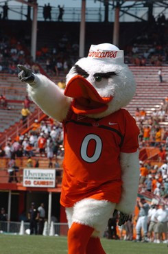 University of Miami mascot Sebastian the Ibis entertains the crowd during a game against the North Carolina State Wolfpack at the Orange Bowl on...