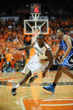 University of Miami Hurricanes guard, Durand Scott, #1, plays host to the Duke Blue Devils at the BankUnited Center on February 13, 2011. Photo by...