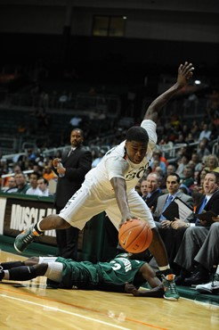 University of Miami Hurricanes forward, Adrian Thomas #30, plays host to the Stetson University Hatters at the BankUnited Center on December 12, 2010....