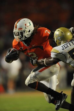 University of Miami Hurricanes running back Graig Cooper #2 rushes in a game against the Georgia Tech Yellow Jackets at Land Shark Stadium on...