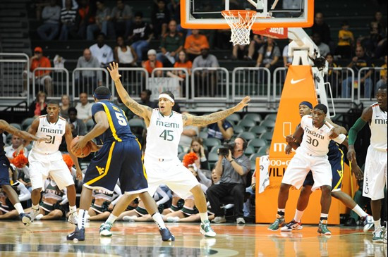 University of Miami Hurricanes forward-center, Julian Gamble #45, plays host to 2010 NCAA Final Four participant West Virginia at the BankUnited...