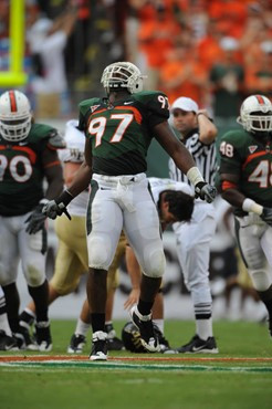 University of Miami Hurricanes defensive Adewale Ojomo #97 plays in a game against the Deamon Deacons of Wake Forest at Dolphin Stadium on October 25,...