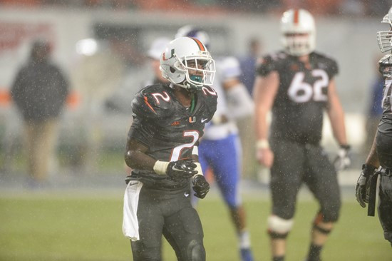 University of Miami Hurricanes running back Joseph Yearby #2 plays in a game against the Duke Blue Devils at Sun Life Stadium on September 27, 2014....