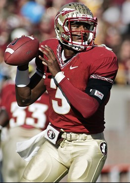 Florida State quarterback E.J. Manuel (3) warms up prior to an NCAA college football game against Miami on Saturday, Nov. 12, 2011, in Tallahassee,...