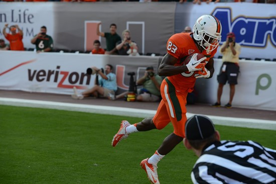 University of Miami Hurricanes wide receiver Kendall Thompkins #83 plays in a game against the University of South Florida Bulls at Sun Life Stadium...