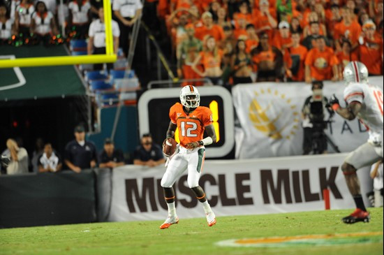 University of Miami Hurricanes quarterback Jacory Harris #12 plays in a game against the Ohio State Buckeyes at Sun Life Stadium on September 17,...