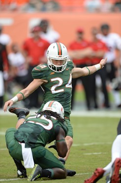 University of Miami Hurricanes Kicker/Punter Michael Badgley #24 plays in a game against the Arkansas State Red Wolves at Sun Life Stadium on...