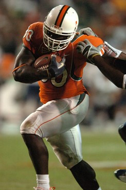University of Miami Hurricanes running back Tyrone Moss #30 rushed 10 times for 24 yards against the Florida International Universtiy Golden Panthers...