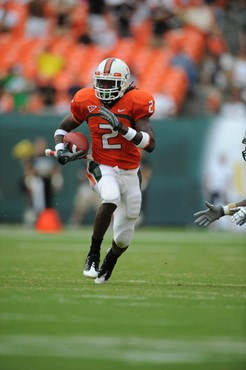 University of Miami Hurricanes running back Graig Cooper #2 carried the ball 23 times for 90 yards and caught 3 passes for 9 yards in a game against...