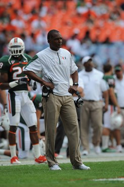 University of Miami Hurricanes head coach Randy Shannon on the sidelines in a game against the University of South Florida Bulls at Sun Life Stadium...