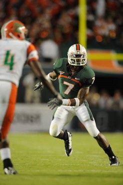 University of Miami Hurricanes defensive back Vaughn Telemaque #7 plays in a game against the Florida A&M Rattlers at Land Shark Stadium on October...