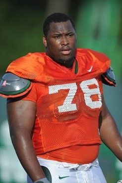 University of Miami Hurricanes players Jermaine Johnson #78 at Cobb Stadium training for the upcoming 2010 season. The practice was open for Season...