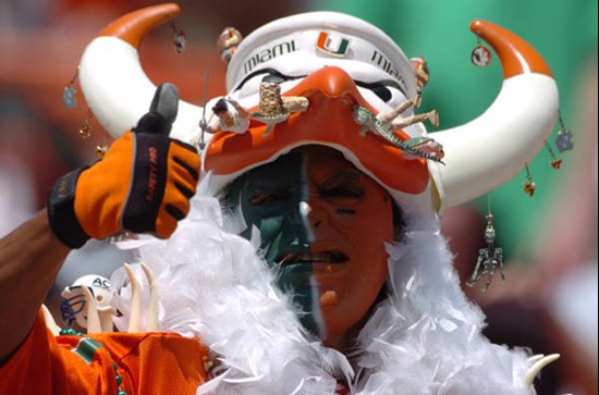 A University of Miami fan shows his team spirit during a game against Marshall at the Orange Bowl on September 1, 2007. The Hurricanes beat Marshall...
