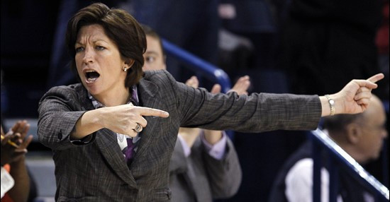 Miami coach Katie Meier directs bench players into the game against Gonzaga's late in the second half of an NCAA tournament second-round women's...