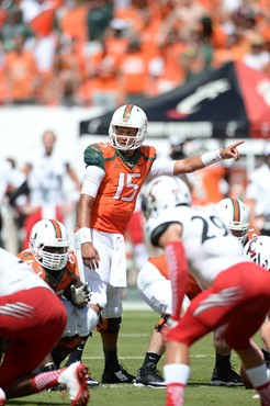 University of Miami Hurricanes quarterback Brad Kaaya #15 plays in a game against the Cincinnati Bearcats at Sun Life Stadium on October 11, 2014. ...