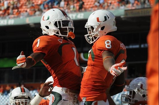 Allen Hurns & Tommy Streeter celebrate one of Streeter's two touchdowns

2011 Miami Hurricanes Football vs Bethune-Cookman