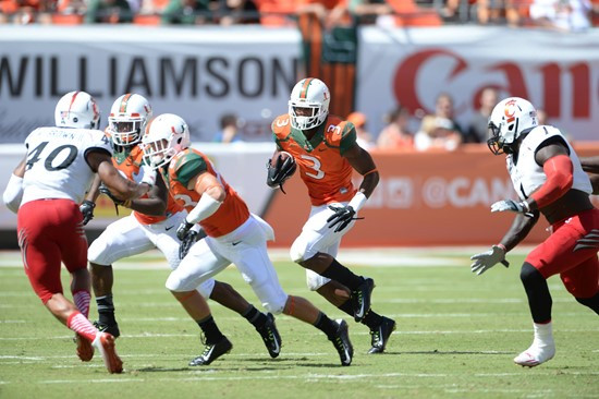 University of Miami Hurricanes wide receiver Stacy Coley #3 plays in a game against the Cincinnati Bearcats at Sun Life Stadium on October 11, 2014. ...