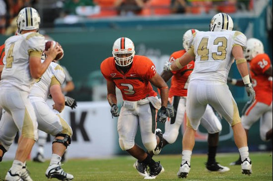 University of Miami Hurricanes linebacker Glenn Cook #3 lead the teams with 7 solo tackles and 3 assist in a game against the University of Central...