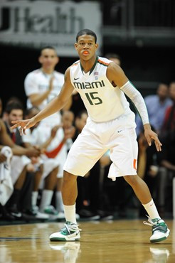 University of Miami Hurricanes guard, Rion Brown #15, plays host to the Duke Blue Devils at the BankUnited Center on February 13, 2011.  Photo by...