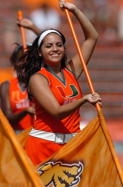 University of Miami cheerleaders entertain the crowd and show their support for the Hurricanes during a game against the North Carolina State Wolfpack...