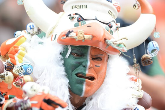 A University of Miami Hurricanes fan shows his team spirit in a game against the Arkansas State Red Wolves at Sun Life Stadium on September13, 2014. ...
