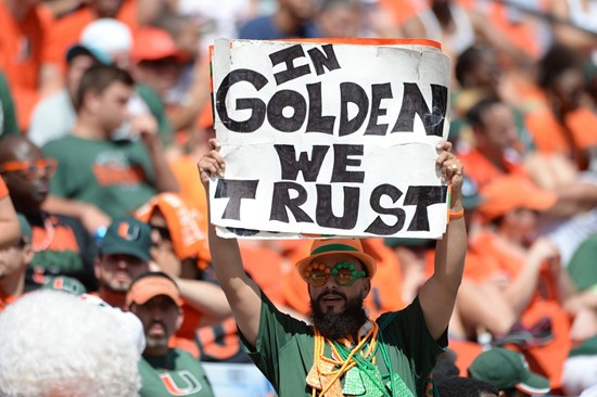 A University of Miami Hurricanes fan shows his team spirit in a game against the Cincinnati Bearcats at Sun Life Stadium on October 11, 2014.  Photo...