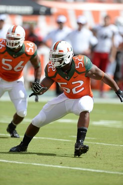 University of Miami Hurricanes linebacker Denzel Perryman #52 plays in a game against the Cincinnati Bearcats at Sun Life Stadium on October 11, 2014....