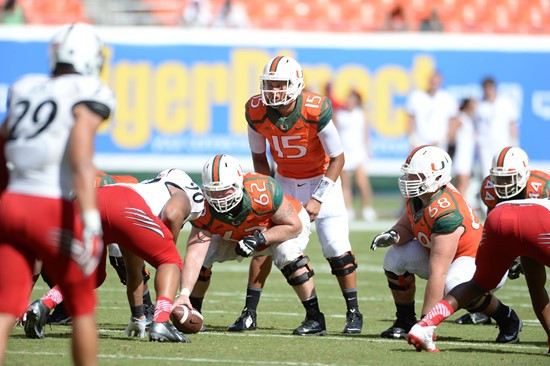 University of Miami Hurricanes quarterback Brad Kaaya #15 plays in a game against the Cincinnati Bearcats at Sun Life Stadium on October 11, 2014. ...