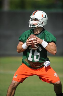 University of Miami quarterback, Spencer Whipple #16, in his first spring practice at Greentree Practice fields on March 5, 2011 on the University of...