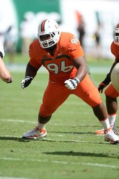 University of Miami Hurricanes defensive lineman Curtis Porter #96 plays in a game against the Wake Forest Demon Deacons at Sun Life Stadium on...