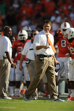 University of Miami Hurricanes head coach Al Golden on the sidelines in a game against the Georgia Tech Yellow Jackets at Sun Life Stadium on October...