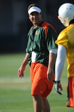 University of Miami Assistant Head Coach-Defensive Coordinator, Mark D Onofrio, instructs the team on how he wants them to execute his game plan...