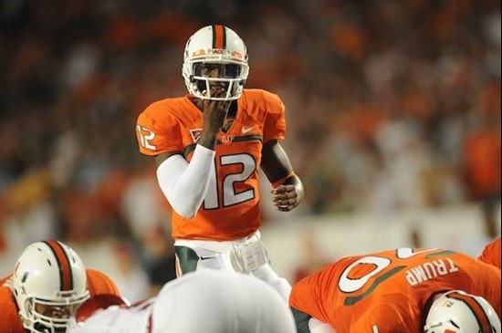 University of Miami Hurricanes quarterback Jacory Harris #12 gets set to take a snap in a game against the Oklahoma Sooners at Land Shark Stadium on...