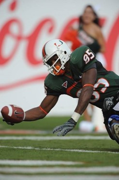 University of Miami Hurricanes wide receiver Leonard Hankerson #85 catches a pass in a game against the Duke Blue Devils at Land Shark Stadium on...