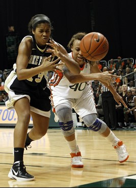 Wake Forest's Mykala Walker (13) and Miami's Shawnice Wilson fight for a loose ball. (AP Photo/Lynne Sladky)