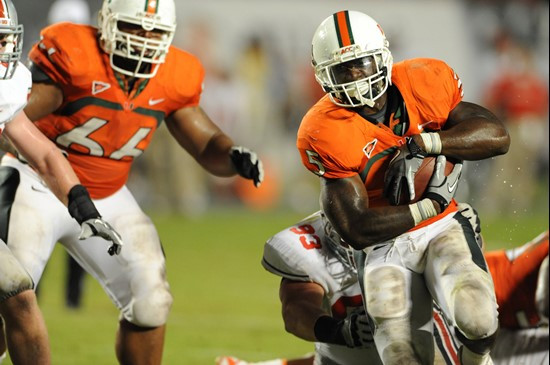 University of Miami Hurricanes running back Mike James #5 carries the ball against the Ohio State Buckeyes at Sun Life Stadium on September 17, 2011....