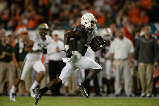 University of Miami Hurricanes wide receiver Phillip Dorsett #4 plays in a game against The Pittsburgh Panthers at Sun Life Stadium on November 29,...