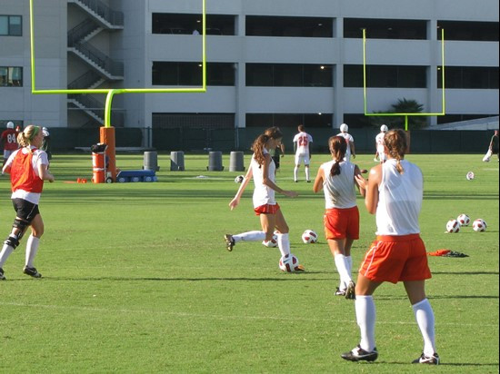 Women's soccer players and coaches at Friday's (Aug. 6, 2010) 8 a.m. training session.