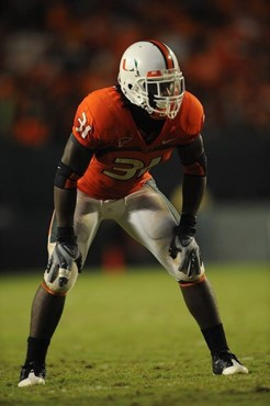 University of Miami Hurricanes linebacker Sean Spence #31 plays in a game against the Georgia Tech Yellow Jackets at Land Shark Stadium on September...