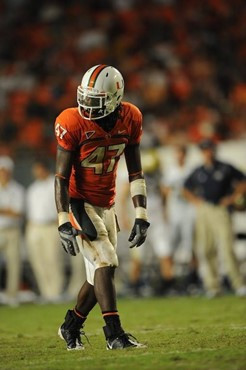 University of Miami Hurricanes wide receiver Laron Byrd #47 plays in a game against the Georgia Tech Yellow Jackets at Land Shark Stadium on September...