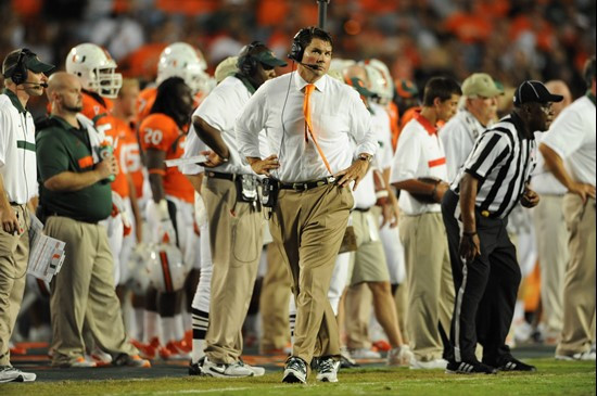 University of Miami Hurricanes head coach Al Golden on the sidelines in a game against the Ohio State Buckeyes at Sun Life Stadium on September 17,...