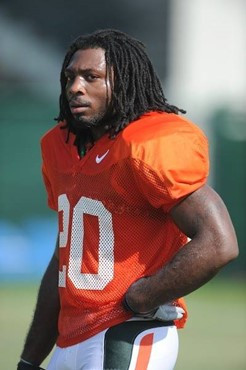 University of Miami Hurricanes running back Damien Berry #20 practices at Greentree Practice Field on August 13 in afternoon drills to prepare for the...
