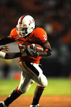 University of Miami Hurricanes running back, Derron Thomas #21, rushed 8 times for 35 yards, caught 1 pass for 19 yards, and scored 1 touchdown in a...