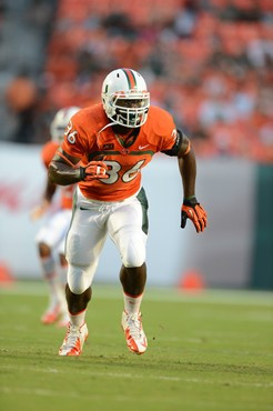 University of Miami Hurricanes linebacker Alex Figueroa #36 plays in a game against the Savannah State Tigers at Sun Life Stadium on September 21,...