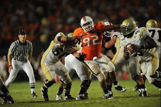 University of Miami Hurricanes defensive lineman Josh Holmes #92 plays in a game against the Georgia Tech Yellow Jackets at Land Shark Stadium on...